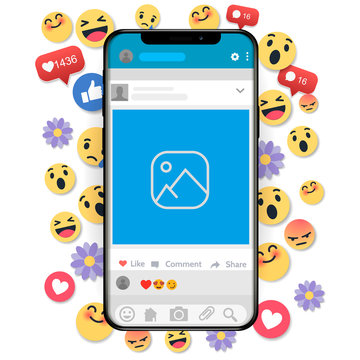 Vector Iphone With  Facebook Like. Emoji, Emoticons. Social Network Reactions.