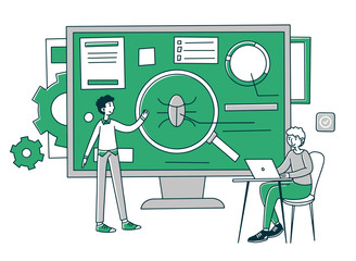 Programmers testing new application. Male developers fixing bugs, using computer, working together. Vector illustration for software development, programming, coding concept