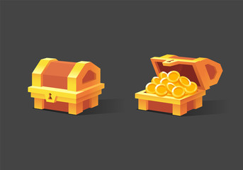 Wooden Chest set for game interface. Vector illustration.