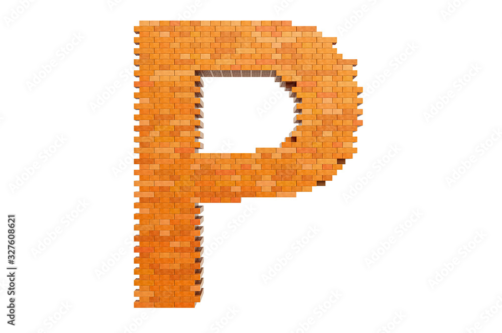 Fototapete bricks font, letter p from building bricks. 3d rendering