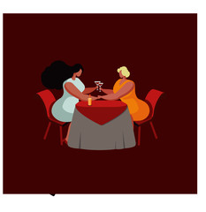 Two girls at a table in a cafe with wine glasses. Valentine's Day. Love of two lesbian women. Vector illustration of girlfriend in a restaurant.  Red background