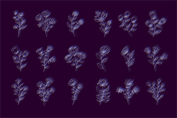 flowers set, floral set collection isolated on purple background, white line art flowers,