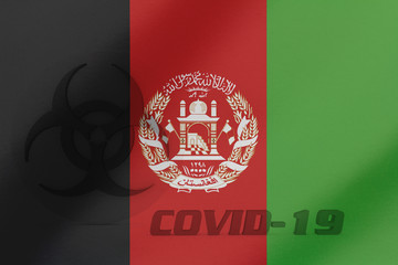 3D ILLUSTRATION VIRUS, BIOHAZARD SYMBOL CORONAVIRUS WITH Afghanistan FLAG, Flu coronavirus floating, micro view, pandemic virus infection, asian flu.