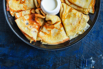 crepes Tasty dessert (thin pancakes, healthy breakfast) menu concept. background. top view. copy space