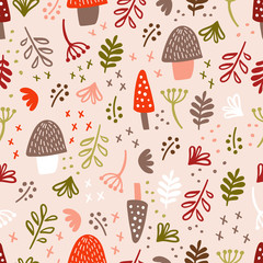Woodland background. Forest Vector Seamless pattern. Childish Background with Hand Drawn doodle plants for design.