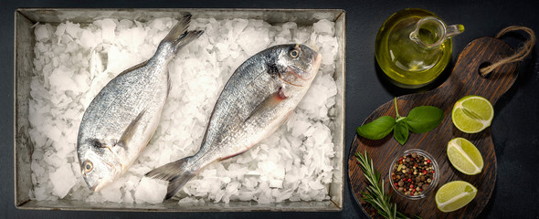 Fresh uncooked dorado or sea bream fish with lime slices, spices, herbs and vegetables....