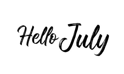 Hello July Inspirational lettering black color, isolated on white background. Vector illustration for posters,  banners, flyers, stickers, cards and more. Vector illustration. EPS10.