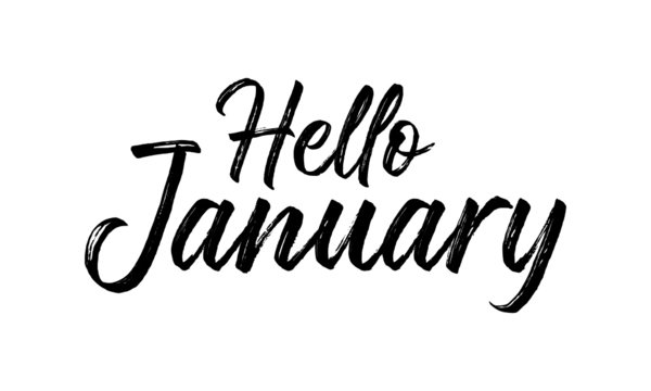 Hello January Inspirational lettering black color, isolated on white background. Vector illustration for posters,  banners, flyers, stickers, cards and more. Vector illustration. EPS10.