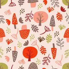 Gordijnen Naadloze herfst Woodland background. Forest Vector Seamless pattern. Childish Background with Hand Drawn doodle plants for design.  © Chistoprudnaya
