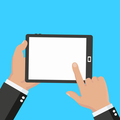 Hand touching blank screen of tablet computer. Using digital tablet, flat design concept. Eps 10 vector illustration - stock vector
