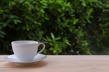 Image of clean empty white coffee cup or teacup and the plate put on old wooden table and blurry dark green leaves tree in natural background with morning soft lighting and copy space.