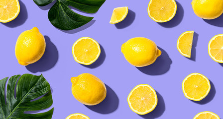 Fresh yellow lemons overhead view - flat lay