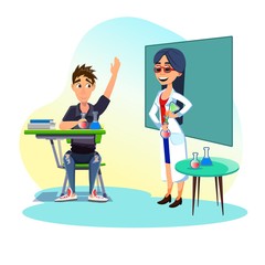 Woman Chemistry Teacher, Wearing Glasses and White Overall, Standing with Test Tubes by Blackboard, Performing Experiments in Laboratory Class with Boy Student. Cute Cartoon Characters.