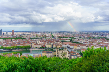 Saone River and the city center, with a rainbow, Lyon