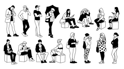 People in different poses. Monochrome vector illustration of set of young and adult men and women standing and sitting in simple line art style. Hand drawn sketch on white background.