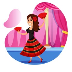 Vigorous Tiny Brunette with Rose in Her Loose Hair, Wearing Black and Red Dress, Performing Traditional Spanish Dance with Fans on Stage. Famous Dancer, Prima Donna. Cute Cartoon Character.