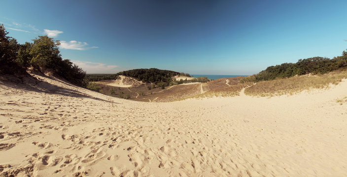 Panoramic view of rolling sand dunes at Warren Dunes State Park, Michigan