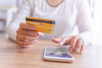 The concept is that women hold credit cards and are using smart shopping online. Warm tones style.