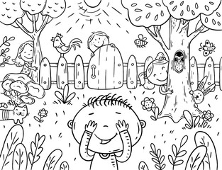Cartoon children playing hide and seek in the garden, coloring page