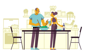 Young adult couple cooking - Happy couple cooking in kitchen - Vector illustration