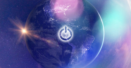 Planet Earth with Power button - On/Off switch. Earth hour/day event. Elements of this image are...