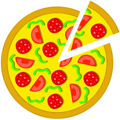 round meat pizza with sliced triangular slice on a white background, vector