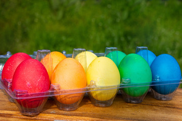Multi-colored Easter eggs in transparent plastic packaging stand on a wooden table. Eggs close-up side view. Green background in the background, place for text, Copy space