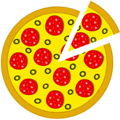 round meat pizza with sliced triangular slice on a white background, vector