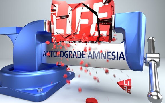 Anterograde amnesia can ruin and destruct life - symbolized by word Anterograde amnesia and a vice to show negative side of Anterograde amnesia, 3d illustration