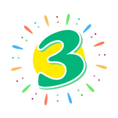 The green 3 in the middle of the fireworks. Us three year. Or to wish You a happy birthday. Vector illustration in a flat style on white background.