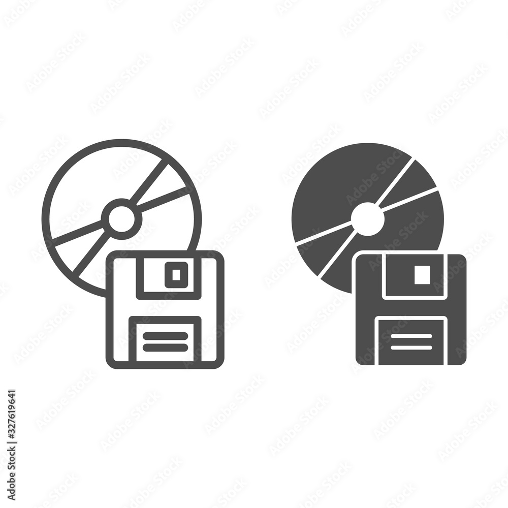 Poster Compact disk and floppy diskette line and solid icon. Different data storage symbol, outline style pictogram on white background. Office item sign for mobile concept and web design. Vector graphics.
