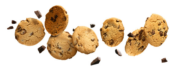 Flying Chocolate chip cookies with pieces of chocolate isolated on white background. High...