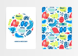 Vector abstract creative backgrounds with hand drawn different textured shapes and decorative elements. Folk style. Unique artistic cover design with decorated circle. Invitation, card, book, notebook