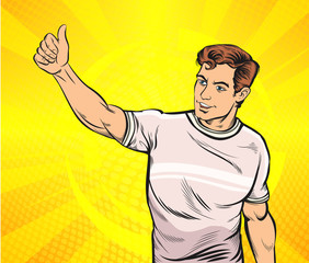 Young man smile, He turned to the side by lifting his finger. Pop art retro illustration comic Style Vector, Separate images of people from the background.