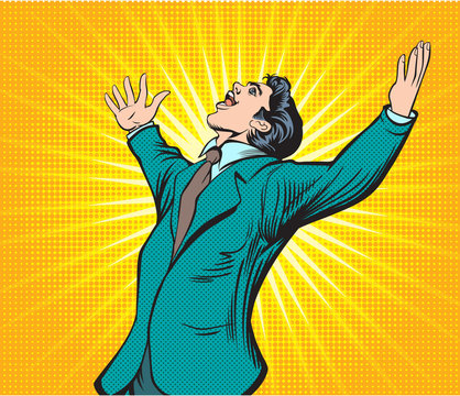 Business man are excited, happy, He showed a smile while raising his hand. Pop art retro illustration comic Style Vector, Separate images of people from the background.