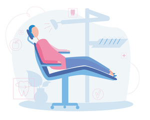 A patient is waiting for an appointment in a dental or orthodontic clinic for the treatment of teeth, molars and incisors,  flat outline vector stock illustration as a treatment concept in the office