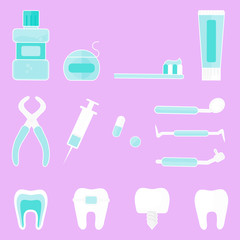 Concept Of Dentistry Prosthetics, Healthcare And Medicine. Tools For Medical Design, Dental Treatment And Care. Healthy Clean Teeth. Dentist Tools and Equipment. Cartoon Flat Vector illustration