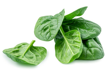 Pile of baby spinach leaves isolated on white background. Fresh green spinach.  Closeup