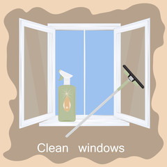 Window cleaning - open frame, detergents, scraper - vector. Hygiene. Disinfection. House cleaning. Household chemicals.