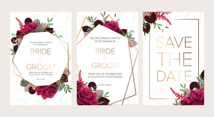 Wedding floral invitation, save the date card design with dark red roses, burgundy red astilbe, monstera, viola leaves & elegant golden geometric decoration. Geometric botanical vector design frame.