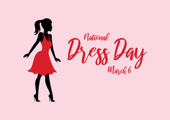 National Dress Day vector. Woman in red dress silhouette vector. Attractive girl in high heels vector. Beautiful woman in red dress icon. Sensual girl silhouette. Dress Day Poster, March 6