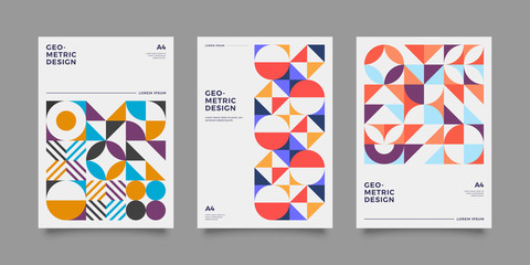 Placard templates set with Geometric shapes, Retro bauhaus swiss style flat and line design elements. Retro art for covers, banners, flyers and posters. Eps 10 vector illustrations © Novendi