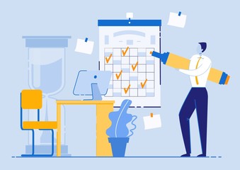 Prompt Flyer Gradual Productive Closure Tasks. Guy Marks Priority Goal with Marker on Wall Calendar. Analysis Information Received, Determination how to Increase Productivity at Work.