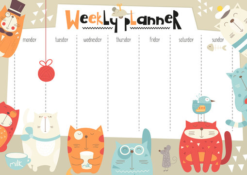 Weekly Planner With Funny Cats In Doodle Cartoon Style. Kids Schedule Design Template. Vector Illustration.