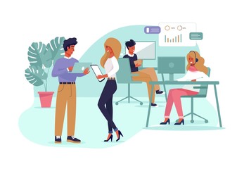 Coworkers Working on Business Project at Office. Man and Woman with Digital Gadgets in Hands Discussing News, Sharing Ideas. Female Worker Having Video Chat. Guy Analyzing Data. VEctor Illustration