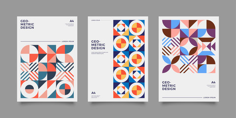 Obraz premium Placard templates set with Geometric shapes, Retro bauhaus swiss style flat and line design elements. Retro art for covers, banners, flyers and posters. Eps 10 vector illustrations