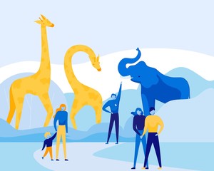 Excursion for People and Kids in Open Air Zoo with Cartoon Wild Animals in Natural Habitat Area. Guide Showing African Giraffes and Elephants to Group of Excursionists. Flat Vector Illustration