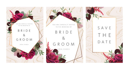 Wedding floral invitation, save the date card design with dark red roses, burgundy red astilbe, monstera, viola leaves & elegant golden geometric decoration. Geometric botanical vector design frame.