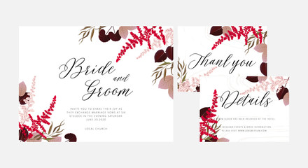 Set of Wedding floral invitation, thank you modern card: dark red and pink astilbe, viola leaves on white marble texture. Elegant rustic template. All elements are isolated and editable