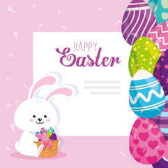 happy easter card with rabbit and eggs decorated vector illustration design